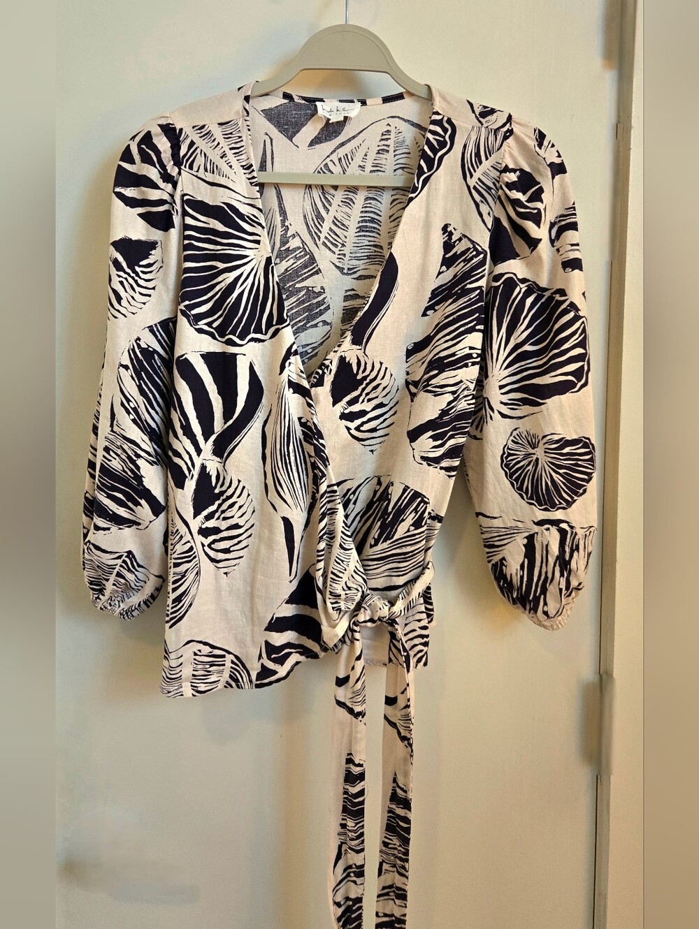 Nicole Miller Cream Wrap Top with Black Botanical Print